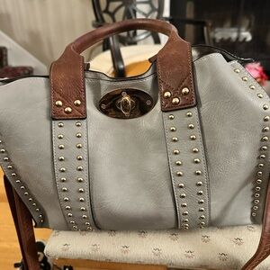 Gray Satchel with Brown Leather Handles and Stud Accents